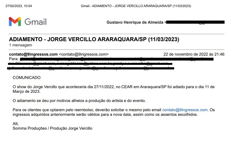 E-mail com a divulgação do adiamento do show